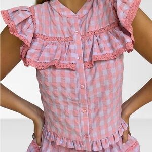 Day + Moon Pink Ruffled Checkered Blouse Size M